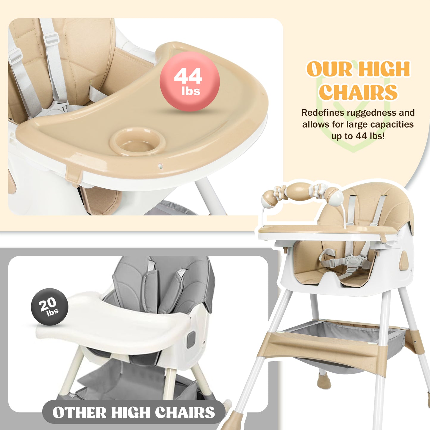 Loewten 4-in-1 Baby High Chair,Portable Folding Dining Chairs with Adjustable Height for Baby and Toddlers,Eat & Play with Five-Point,Brown