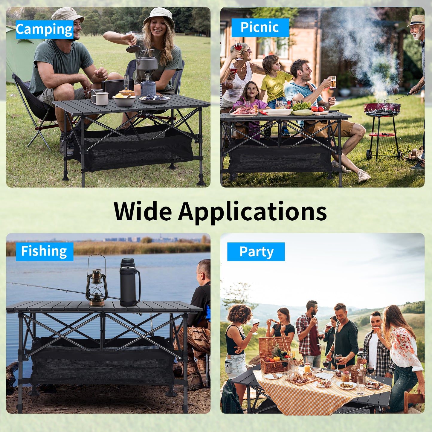 Loewten Camping Table with Adjustable Height 22"-30, Wide Feet, Storage & Carrying Bags for Picnic, BBQ, Beach, Backyard, Party
