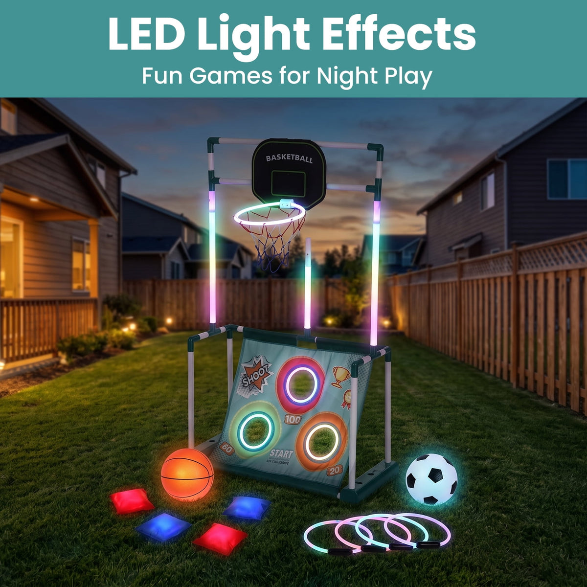 4-in-1 Kids Sports Game with Lights, Sandbag Toss Ring Throw Basketball Soccer Game, Gift for Indoor Outdoor Party