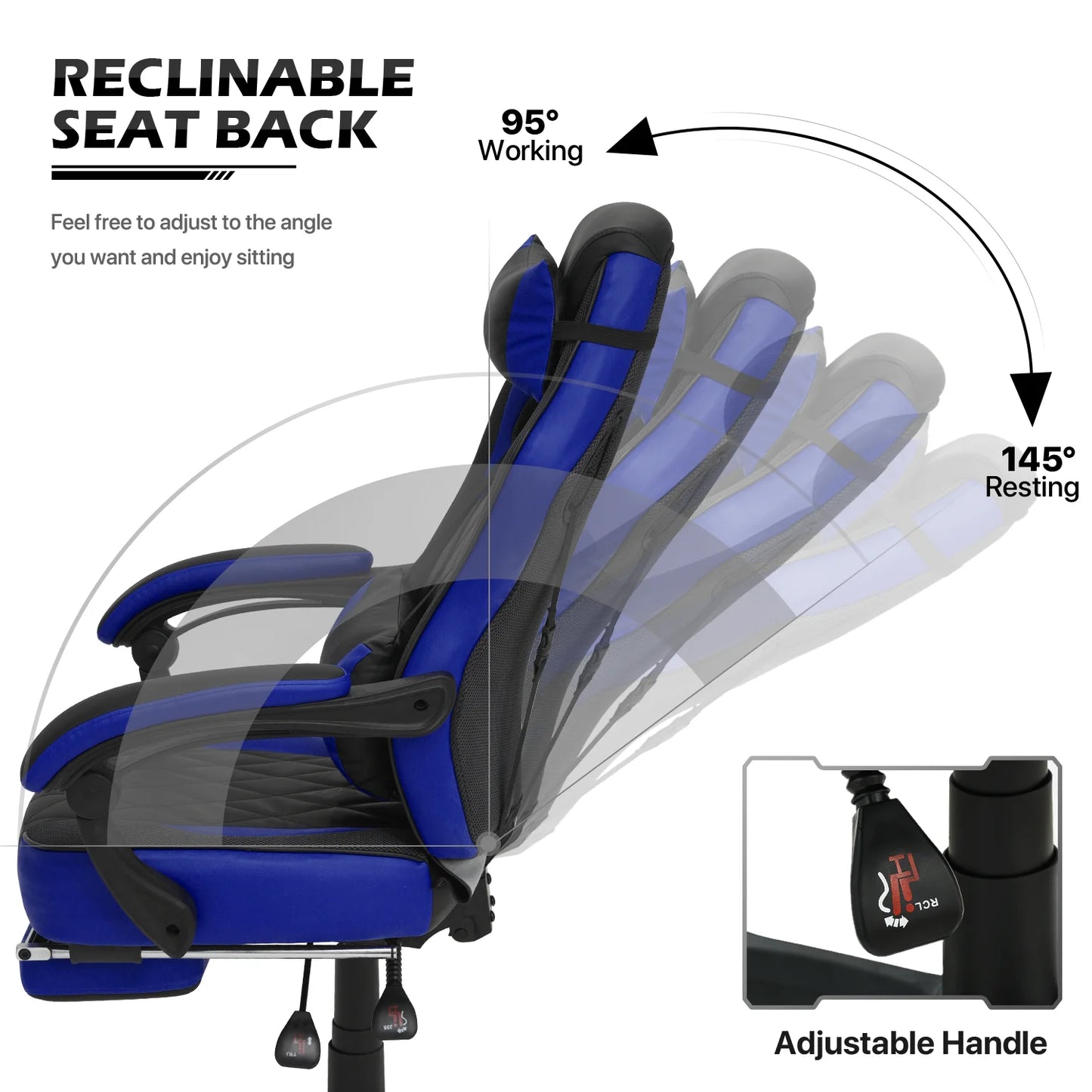 Gaming Chair with Speakers PU Leather Office Chair with Footrest and LED Lights Ergonomic Gamer Chair with Massage Lumbar Support and Headrest Adjustable Swivel for Home Office Black&Blue-8573552800