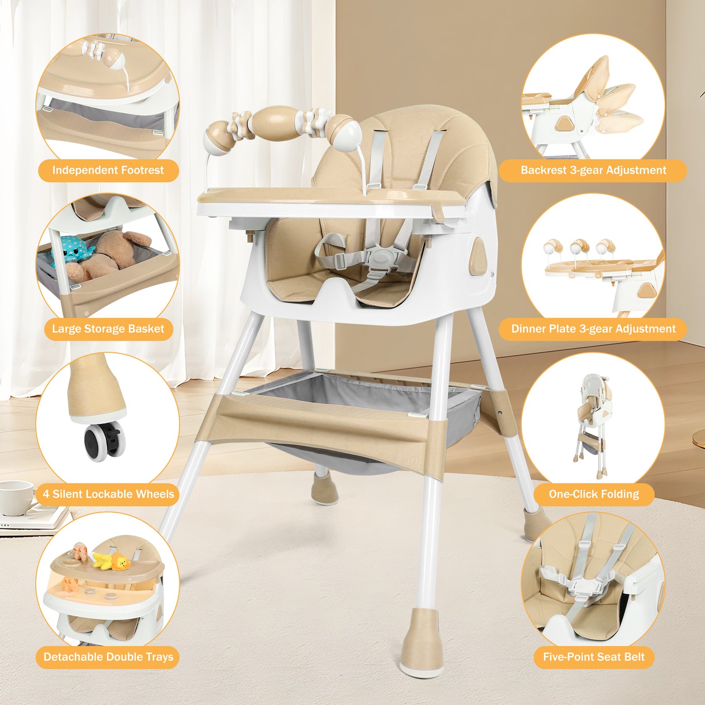 Loewten 4-in-1 Baby High Chair,Portable Folding Dining Chairs with Adjustable Height for Baby and Toddlers,Eat & Play with Five-Point,Brown