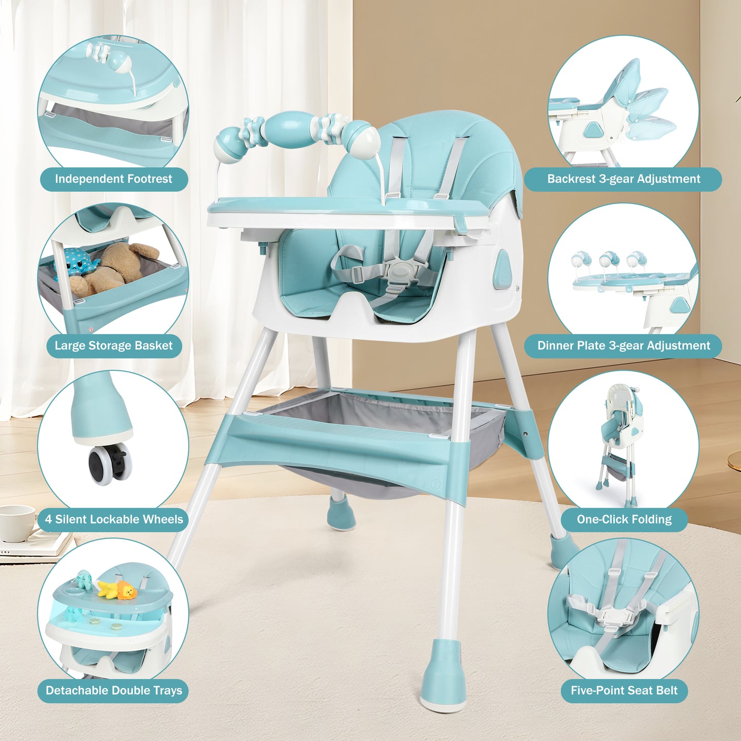 Loewten 4-in-1 Baby High Chair,Portable Folding Dining Chairs with Adjustable Height for Baby and Toddlers,Eat & Play with Five-Point,Blue