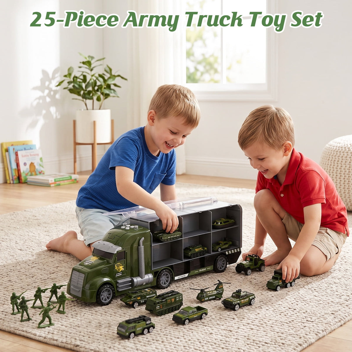 25 in 1 Die-cast Military Army Play Vehicle Set, Vehicles with Sounds and Lights in Carrier Truck, Push and Go Car Toy, Kids Christmas Birthday Gifts for 3 4 5 6 Years Old Boys