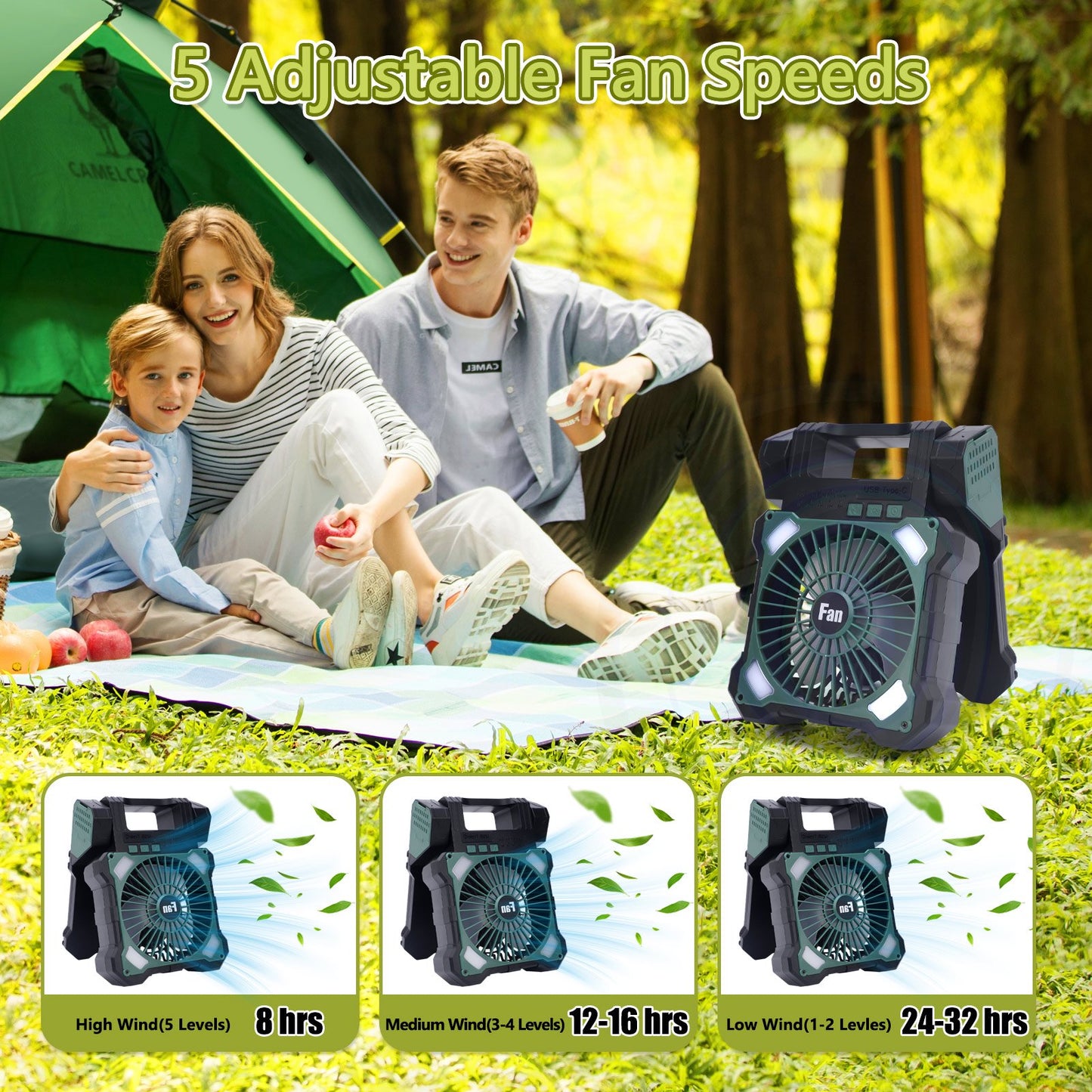 10000mAh Solar Camping Fan with Dual Charging, 5 Speeds & 3 Light Levels, 1-8H Timer, Portable Quiet Desk Fan for Hiking,Power Outage, Fishing,Travel
