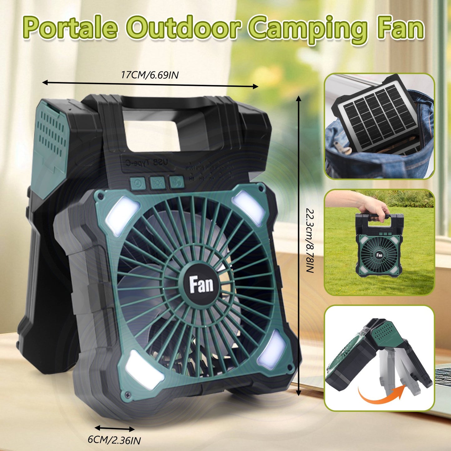 10000mAh Solar Camping Fan with Dual Charging, 5 Speeds & 3 Light Levels, 1-8H Timer, Portable Quiet Desk Fan for Hiking,Power Outage, Fishing,Travel