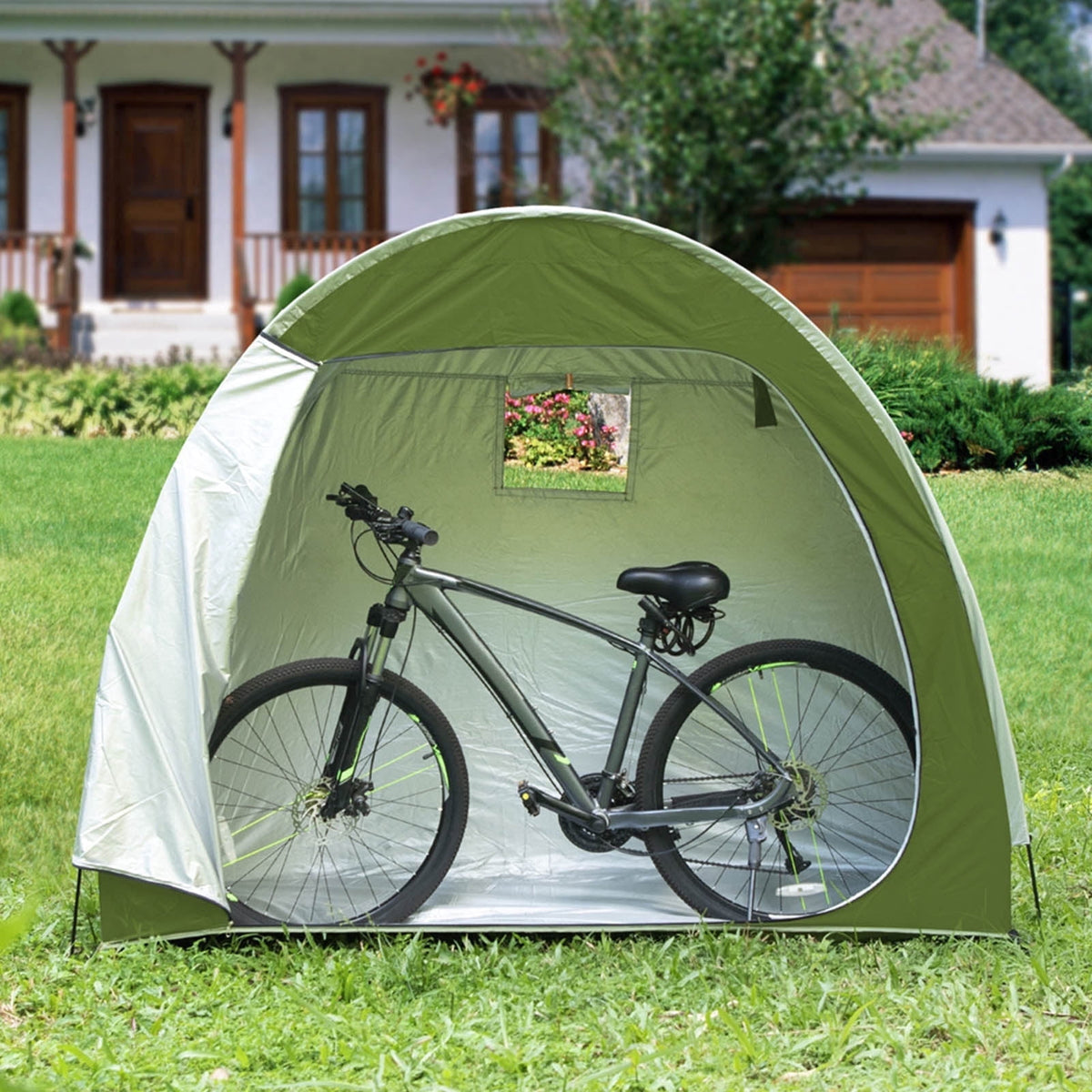 Bike Storage Tent for Outdoor, 4 to 5 Bikes, Portable Floor Storage Shed with Ventilated Window, Waterproof for Bicycle, Motorcycle & Garden Tools