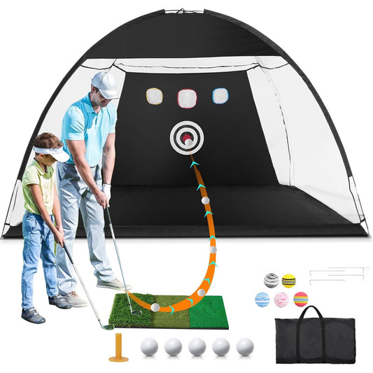 Heavy Duty Golf Practice Net, 9.84x6.56ft Golf Swing Net with Golf Mat, All in 1 Home Golf Net Golf Hitting Training Aids Net with Target Balls Carry Bag for Backyard Driving Chipping Swing Training