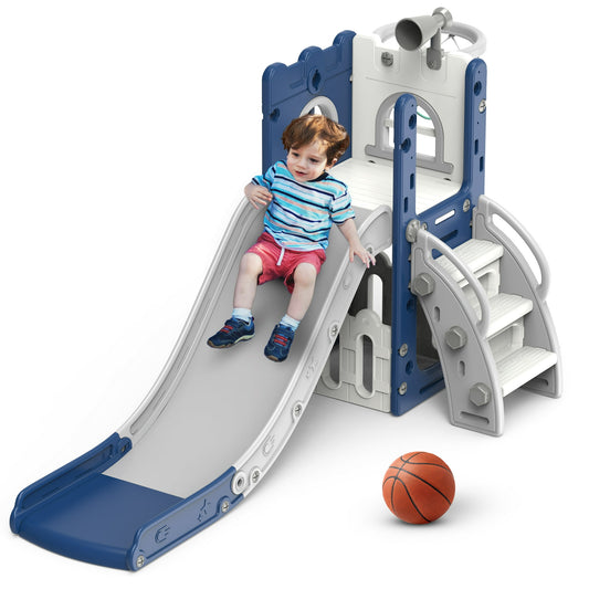 Crtynell 6 in 1 Toddler Slide, Climbing Slide for Kids with Basketball Hoop and Ball, Indoor and Outdoor Backyard Playground Climbing Theme Baby Slide Toy for Toddlers Aged 1-3 (Blue-Gray)