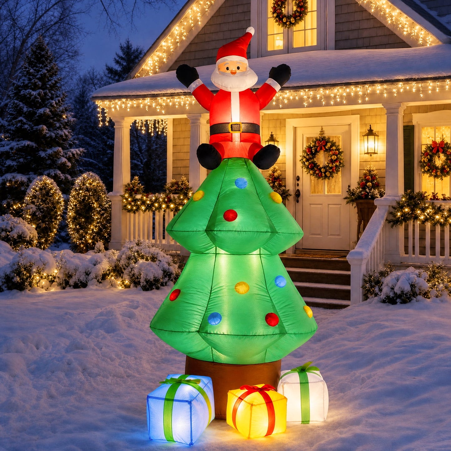 Crtynell 8ft Inflatable Christmas Tree Decoration LED with Santa Claus,Boxes Blow Up Yard Decoration