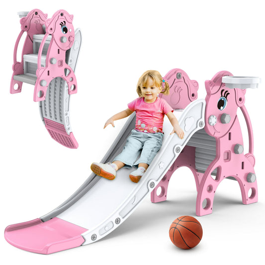 Foldable kids slide, toddler slide, compact multi-purpose family indoor and outdoor play equipment, toddler climbing slide with basketball stand, pink