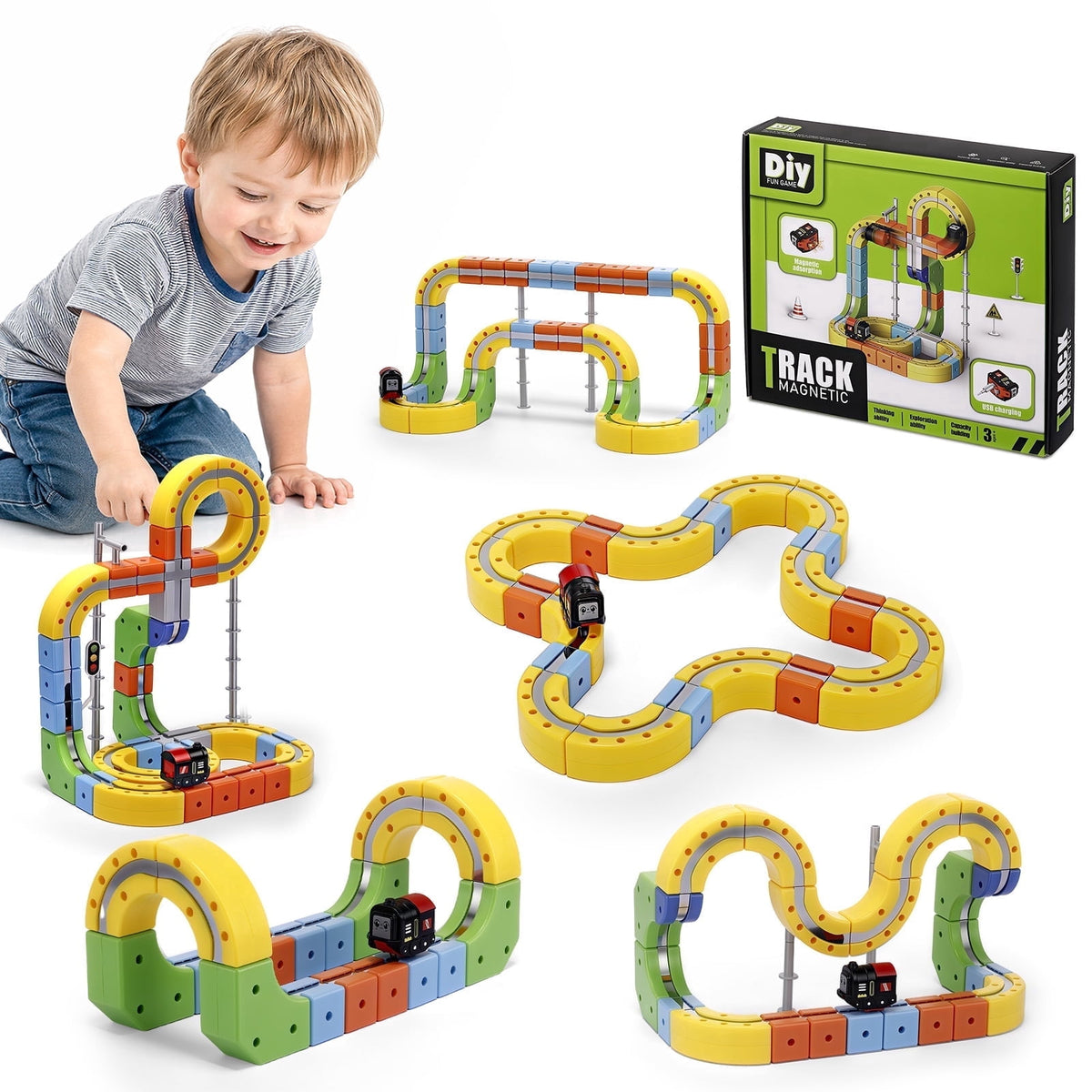 Magnetic Electric Train Set for Kids, 100Pcs Build 3D DIY Track Building Kits with Train and Traffic Signs, STEM Car Educational Toy Set for Kids, 3+ Years Old Boys & Girls Birthday