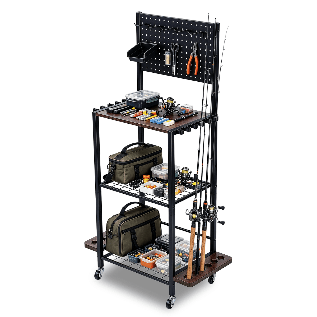 Fishing Rod Holder with Back Panel,Fishing Rod Rack & Storage Cabinet,Fishing Gear Storage up to 12 Rods with Hooks and Wheels,Fishing Cart For Garage Home Entryway Corner Gift Ideas For Men Dad