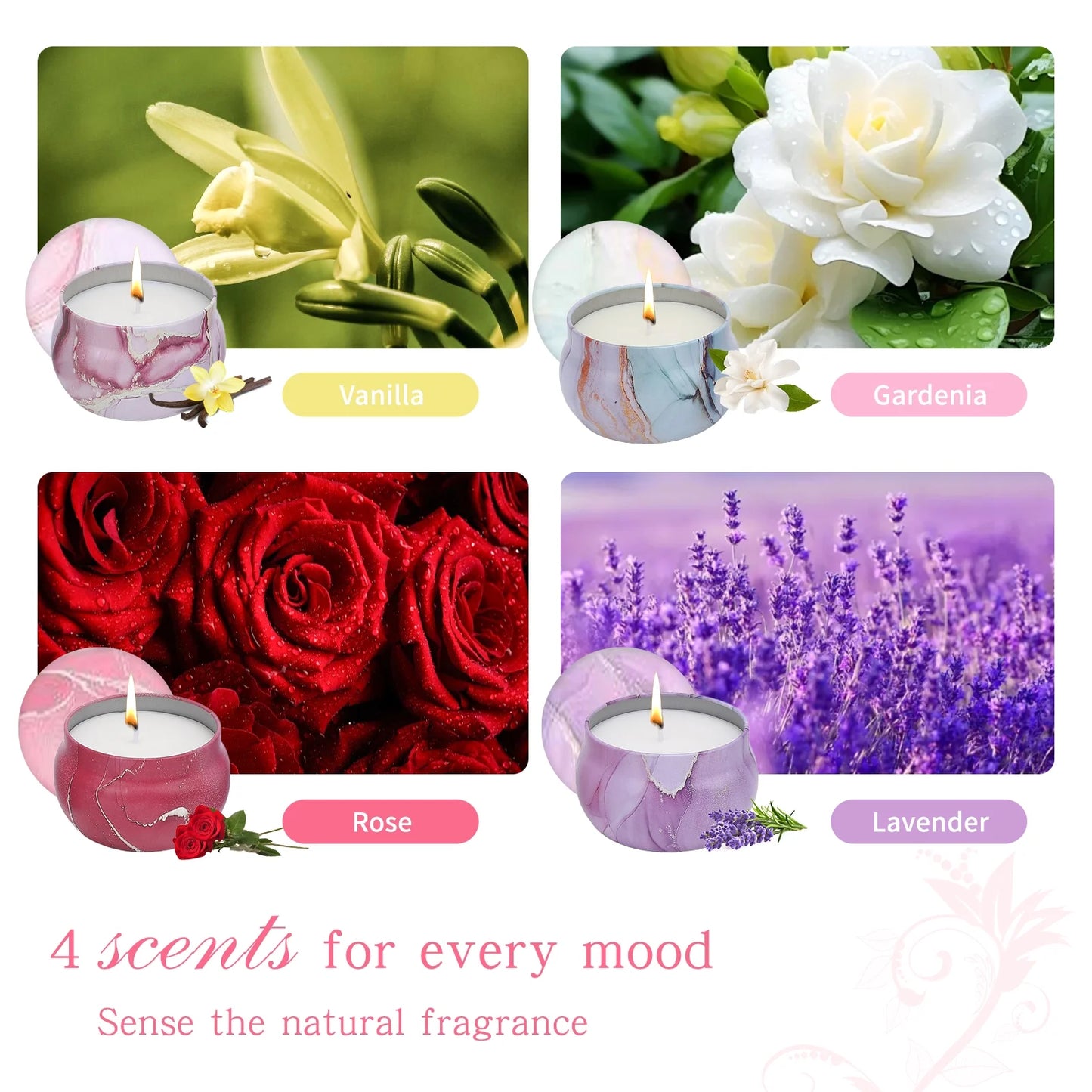 4 Pack Scented Candles Gift Set, Soy Wax Scented Somkeless Fragrance Candles 4.4 oz Strongly Fragrance for Stress Relief Birthday Valentine's Day Mother's Day Yoga Wedding
