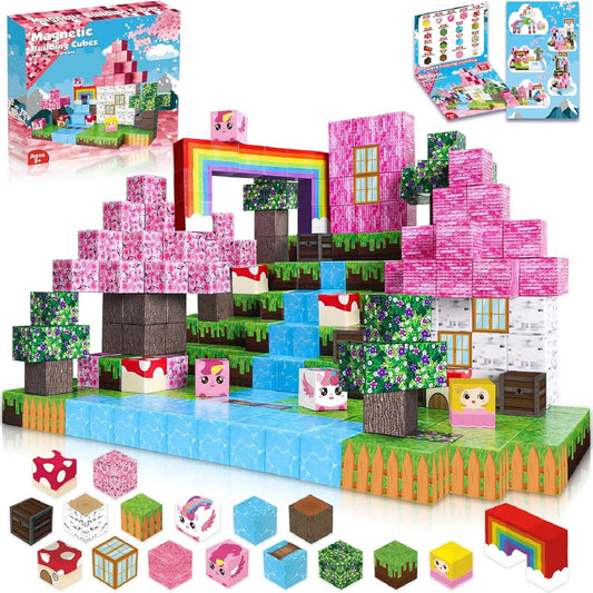 100 PCS Magnetic Building Blocks - minecraft magnetic block Pink Castle Set for 3-5 Years Old 6-8 Years Old Boys and Girls, Sensory Toys for Toddlers, Gifts for Birthday Christmas