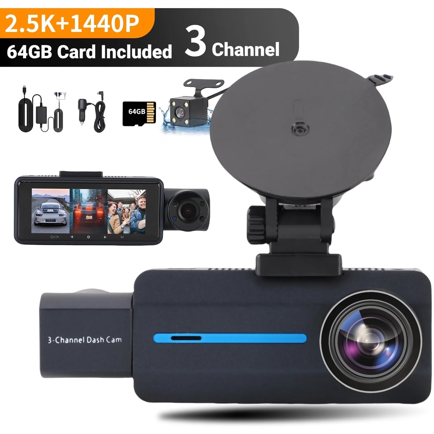 3 Channel Dual Dash Cam, Front Rear 4K/2.5K+1440P 3.16" Full HD with Wi-Fi & 64GB Card Car Dashboard Recorder IPS Screen ,Night Vision Wide Angle, G-Sensor, 24H Parking, Loop Recording