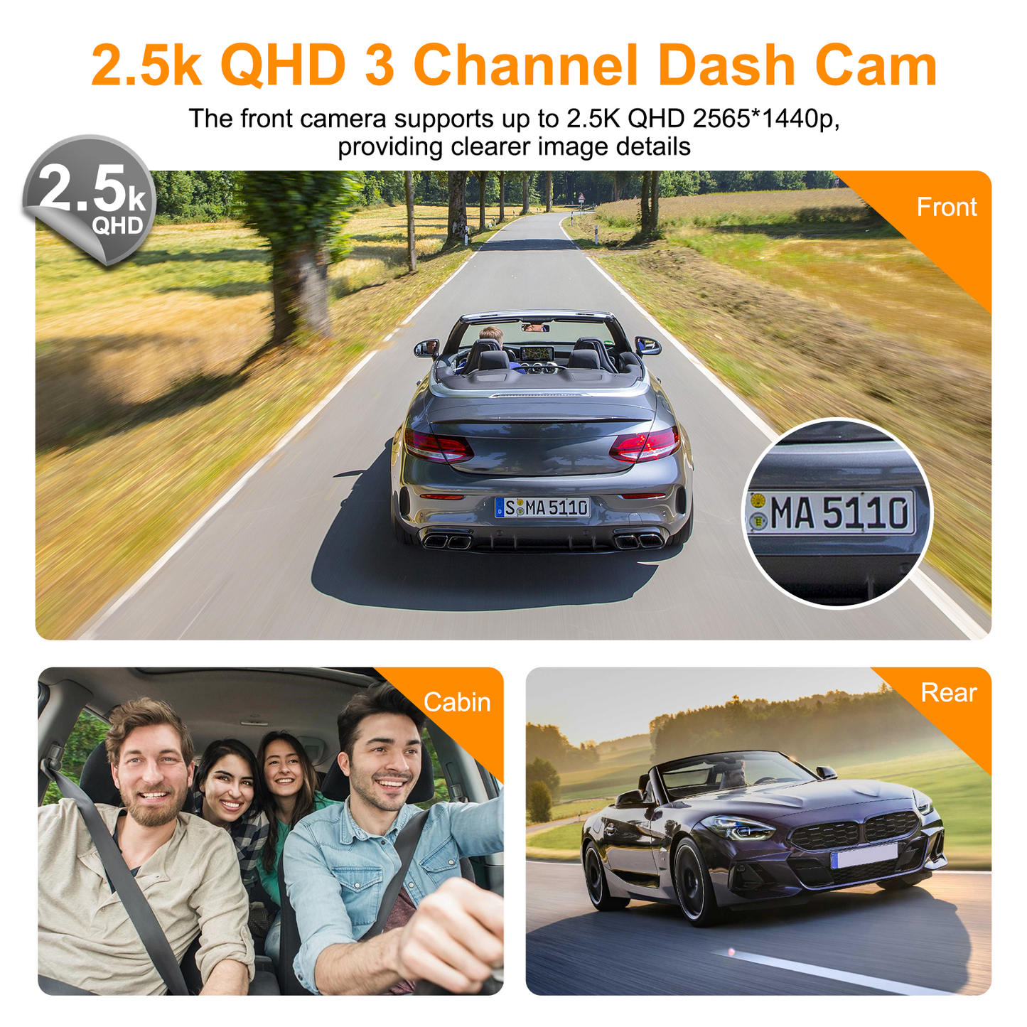 3 Channel Dual Dash Cam, Front Rear 4K/2.5K+1440P 3.16" Full HD with Wi-Fi & 64GB Card Car Dashboard Recorder IPS Screen ,Night Vision Wide Angle, G-Sensor, 24H Parking, Loop Recording
