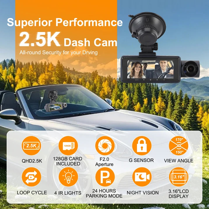 3 Channel Dual Dash Cam, Front Rear 4K/2.5K+1440P 3.16" Full HD with Wi-Fi & 64GB Card Car Dashboard Recorder IPS Screen ,Night Vision Wide Angle, G-Sensor, 24H Parking, Loop Recording