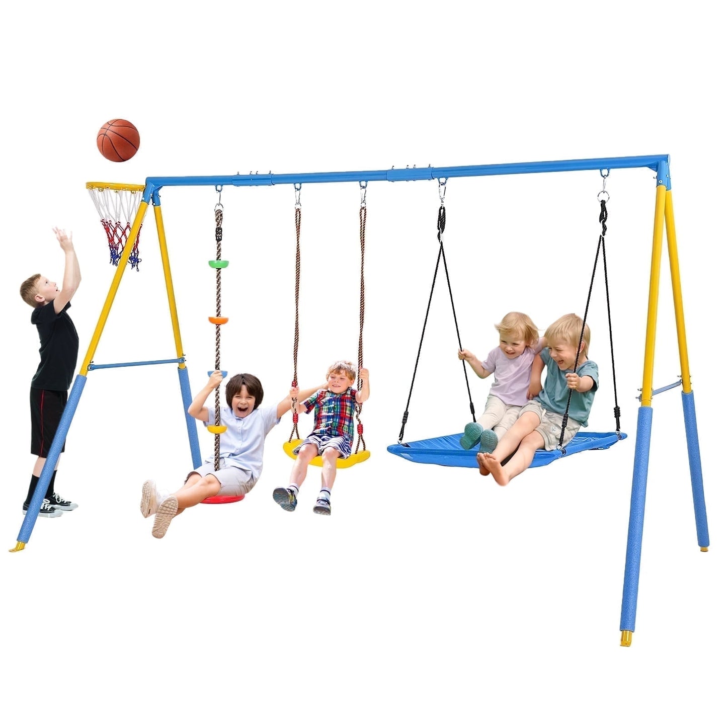 4 in 1 Swing Sets for Outside,kids Metal Swing Set with Saucer Swing,Climbing Rope,Basketball Hoop