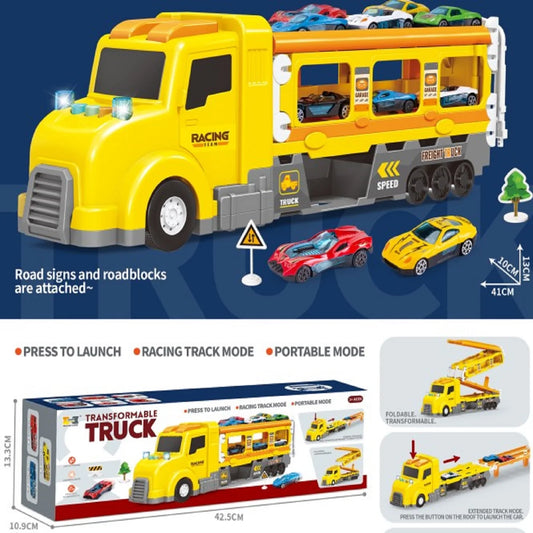 Truck Toys for Children Aged 3-7 with Folding Tracks, 6 Racing Cars with Road Sign Obstacles, Double Track Ejection Device, Suitable for Boys Girls Christmas Birthday Gift Truck Toy Set (Yellow)