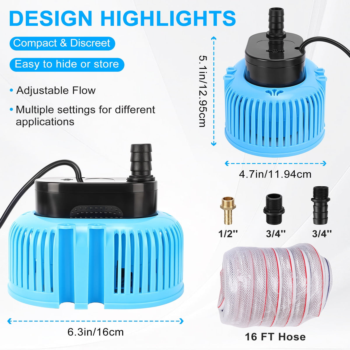 Crtynell Pool Cover Pump Above Ground, Automatic Water Sensor Pump with 3 Adapters, Sump Pump for Pool Draining, Pump Water Remover, Pool Cover Water Removal Pump, 16ft Hose & 25 ft Power Cord