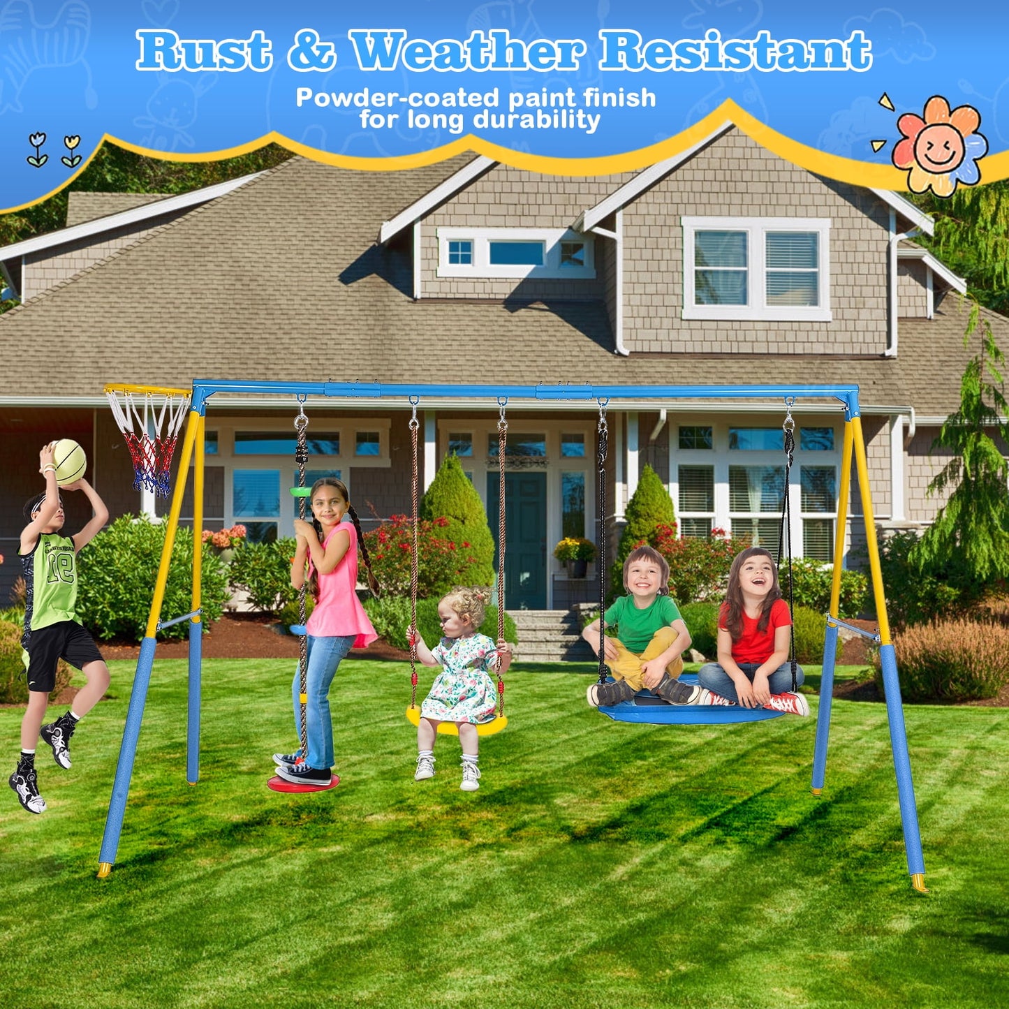 4 in 1 Swing Sets for Outside,kids Metal Swing Set with Saucer Swing,Climbing Rope,Basketball Hoop