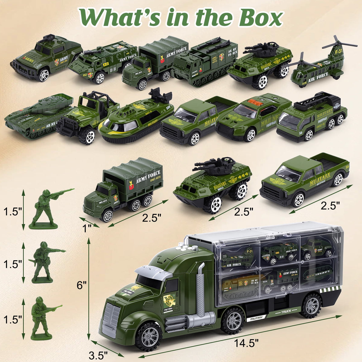 25 in 1 Die-cast Military Army Play Vehicle Set, Vehicles with Sounds and Lights in Carrier Truck, Push and Go Car Toy, Kids Christmas Birthday Gifts for 3 4 5 6 Years Old Boys