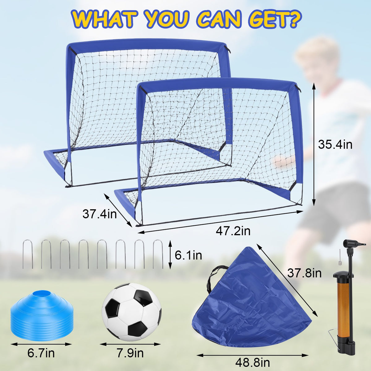 2 Pack 4'x3' Kids Soccer Goals: Portable Foldable Soccer Nets with Full Accessories, All-Weather Training Set for Backyard Outdoor Play, Blue