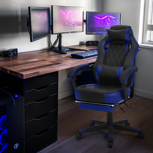 Gaming Chair with Speakers PU Leather Office Chair with Footrest and LED Lights Ergonomic Gamer Chair with Massage Lumbar Support and Headrest Adjustable Swivel for Home Office Black&Blue-8573552800