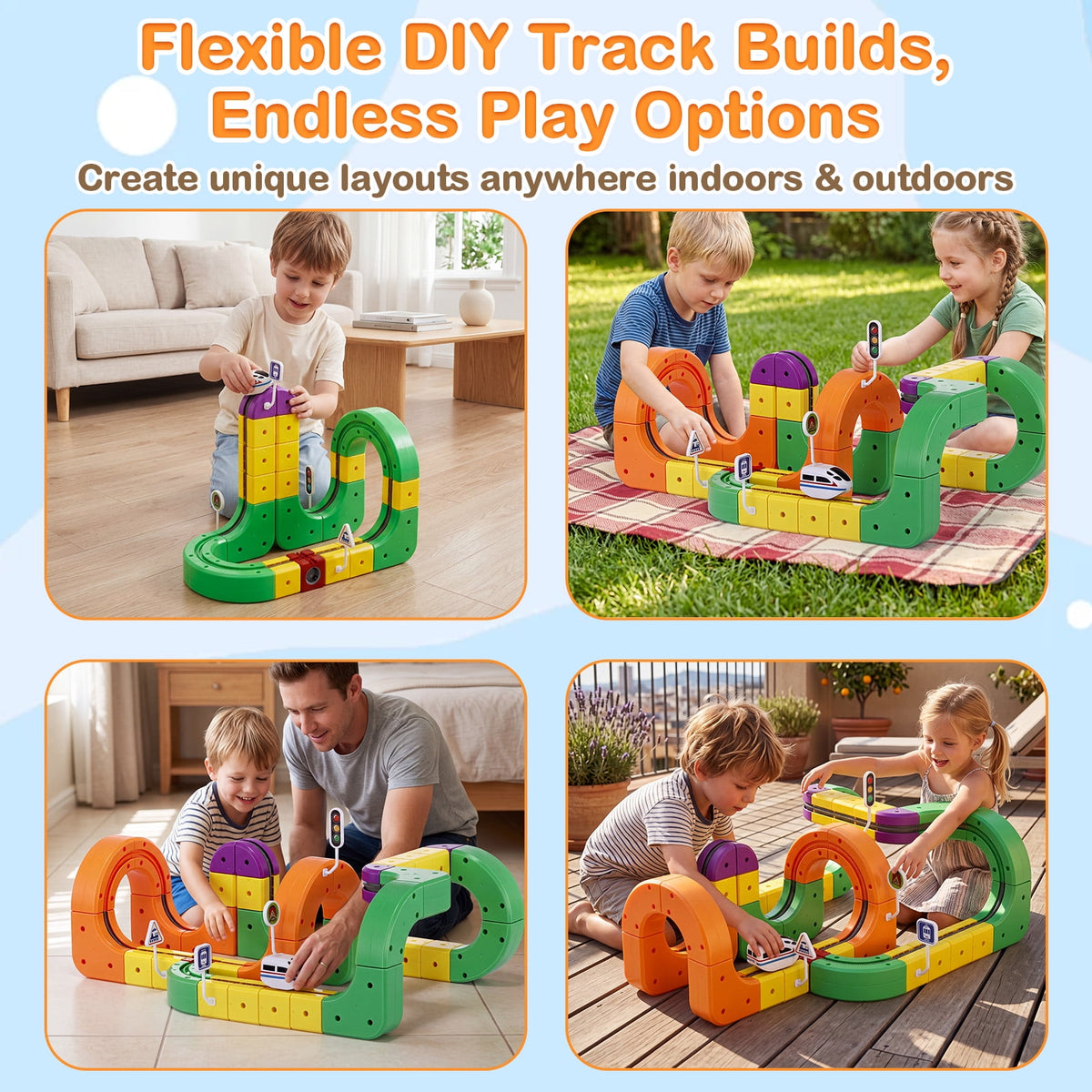 Electric Train Track Set for Kids(Gear style), 81PCS DIY Flexible Race Track Building Cube Toy Train with Traffic Signs, Christmas Birthday Gift for Kids Boys and Girls Aged 3-8