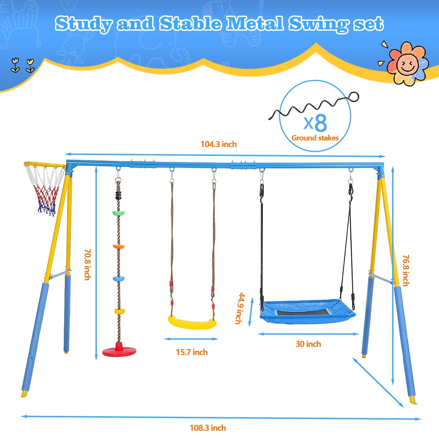 4 in 1 Swing Sets for Outside,kids Metal Swing Set with Saucer Swing,Climbing Rope,Basketball Hoop