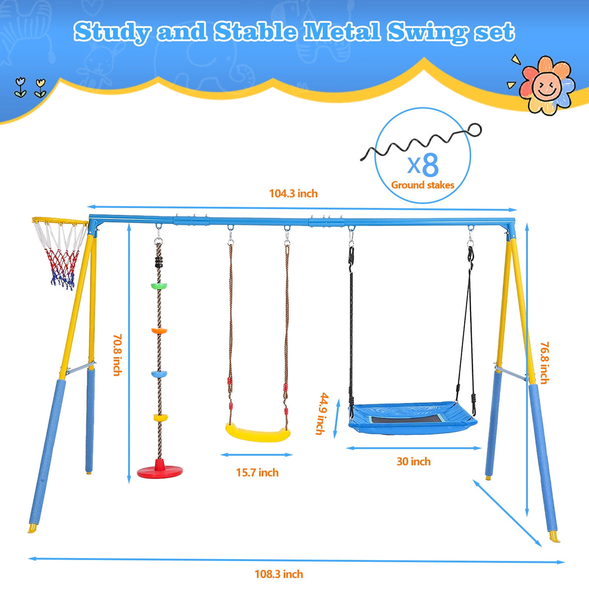 4 in 1 Swing Sets for Outside,kids Metal Swing Set with Saucer Swing,Climbing Rope,Basketball Hoop