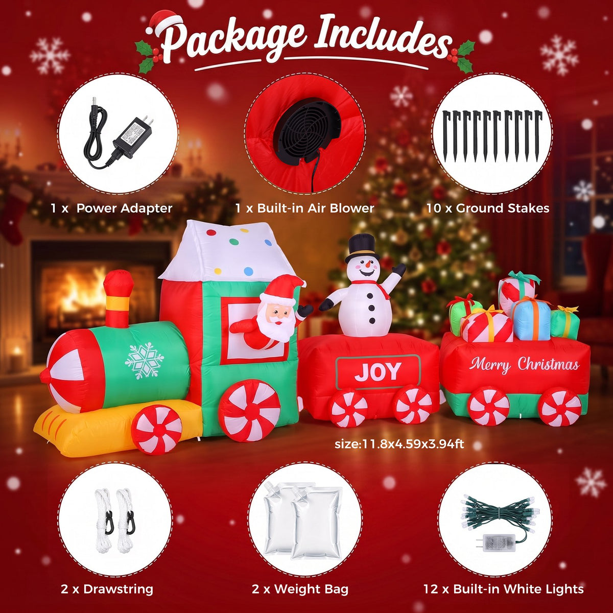 12 FT Christmas Inflatable Train with Santa,Snowman and Gift Outdoor Decoration, Christmas Blow Up Yard Decorations, Built-in LED Lights Inflatables Xmas Holiday Funny Decor for Indoor Lawn Garden