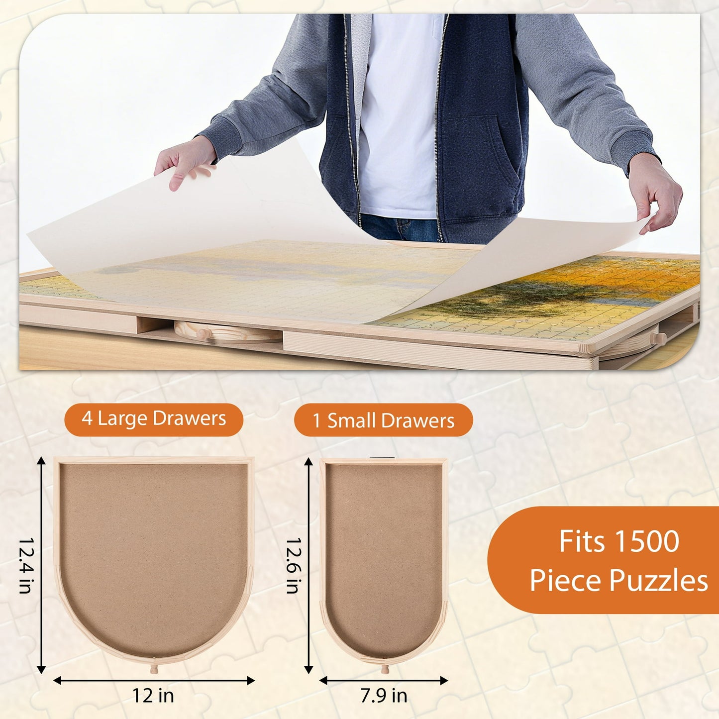 1500 Piece Puzzle Board With Drawers And Cover, 34" X 26" Wooden Rotating Jigsaw Puzzle Table, Spinning Puzzle Boards For Adults And Kids