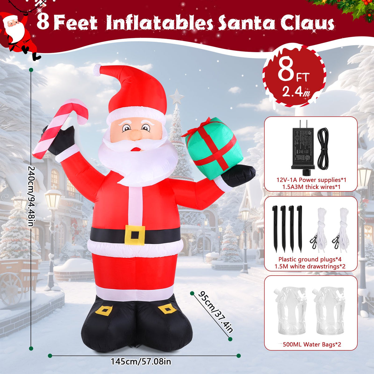 KALNUR 8 FT Christmas Inflatable Santa Claus Outdoor Decorations, Built-in LED Light, Xmas Outside Decor for Yard Garden Lawn