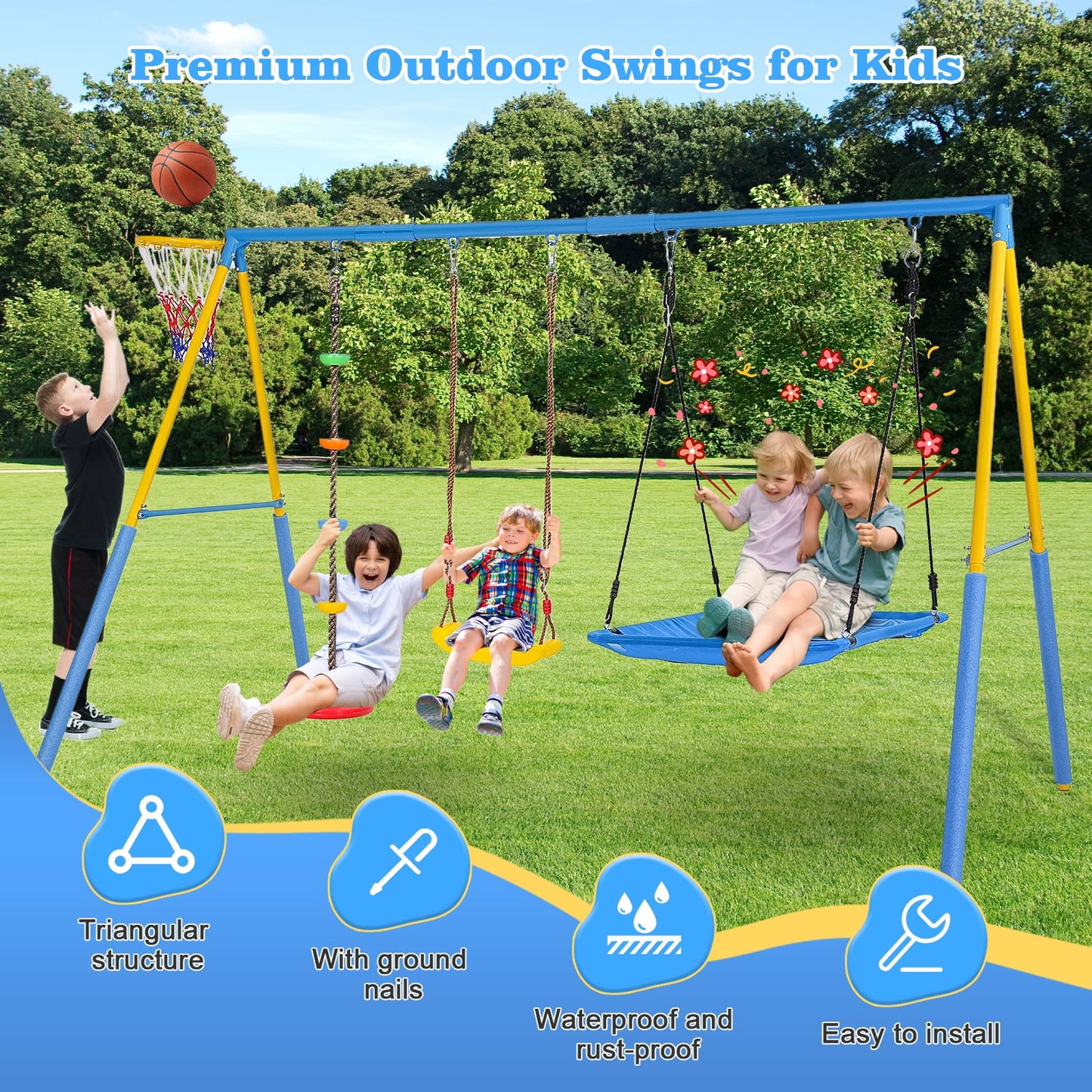 4 in 1 Swing Sets for Outside,kids Metal Swing Set with Saucer Swing,Climbing Rope,Basketball Hoop
