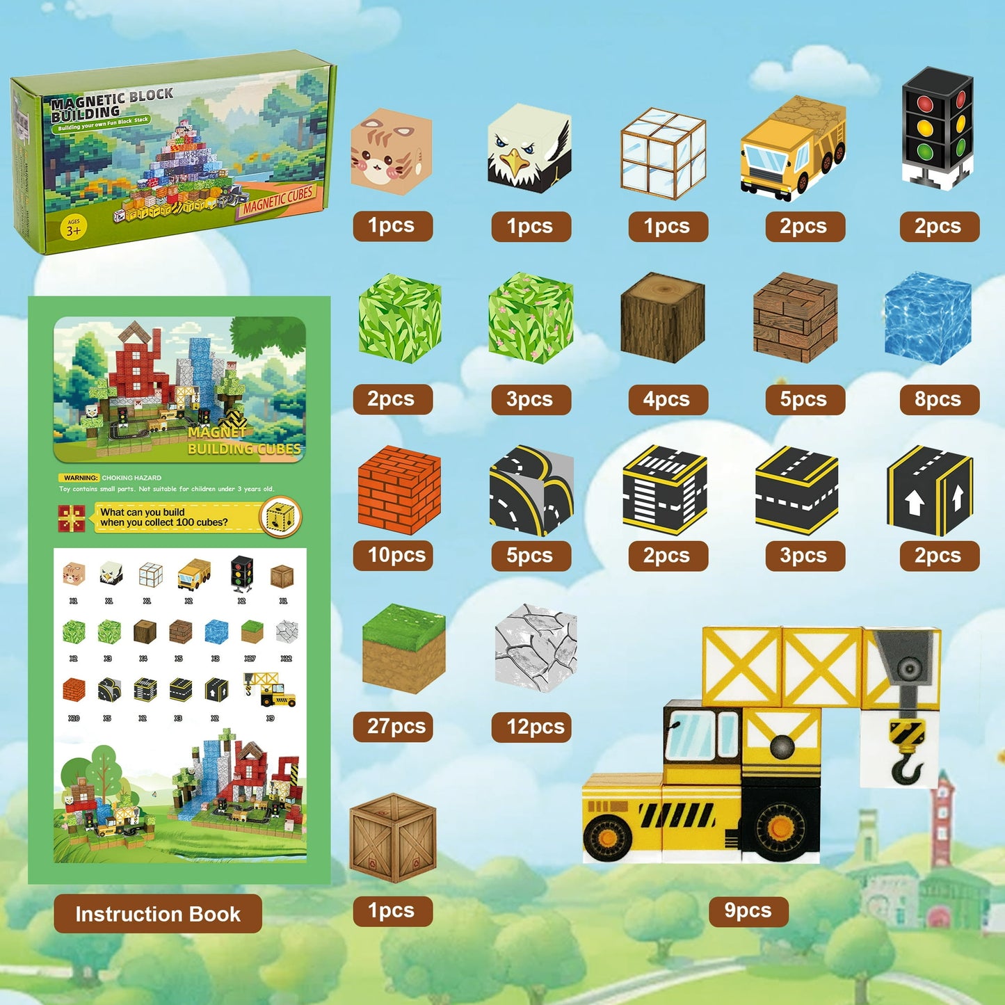 100pcs Magnetic Blocks - Build Magnet World Tiles Road Track Set For Boys & Girls Age 3-5 6-8, Sensory Toys for Toddlers Easter Birthday Gifts for 3+ Years Old Girls Boys