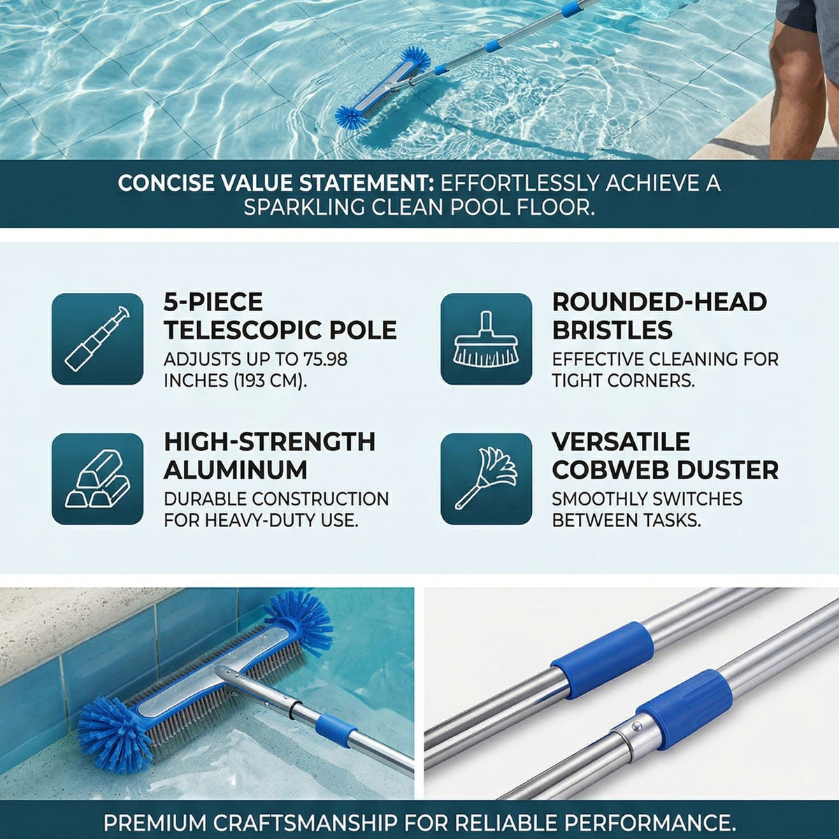 Pool Brush with Round Ends with EZ Clip for Cleaning Pool Walls, Steps, Inground/Above Ground Swimming Pool 6.3FT Pole 193CM