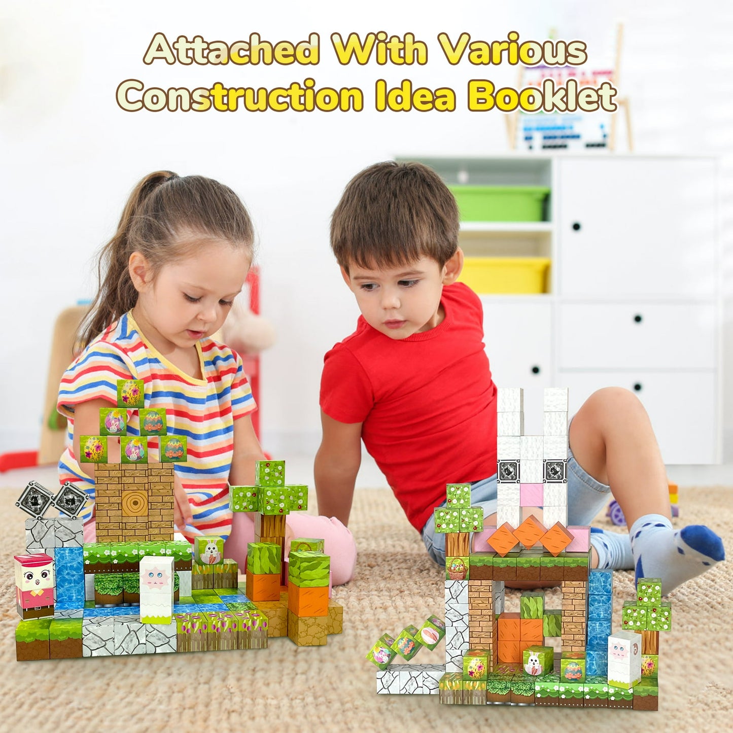 120pcs Magnetic Blocks,Farm-Forest Animals Magnetic Building Toy with Flowers,Carrot,Bunnies, for Boys and Girls Age 3-5 6-8, Sensory Toys for Toddlers, Gifts for Easter Birthday
