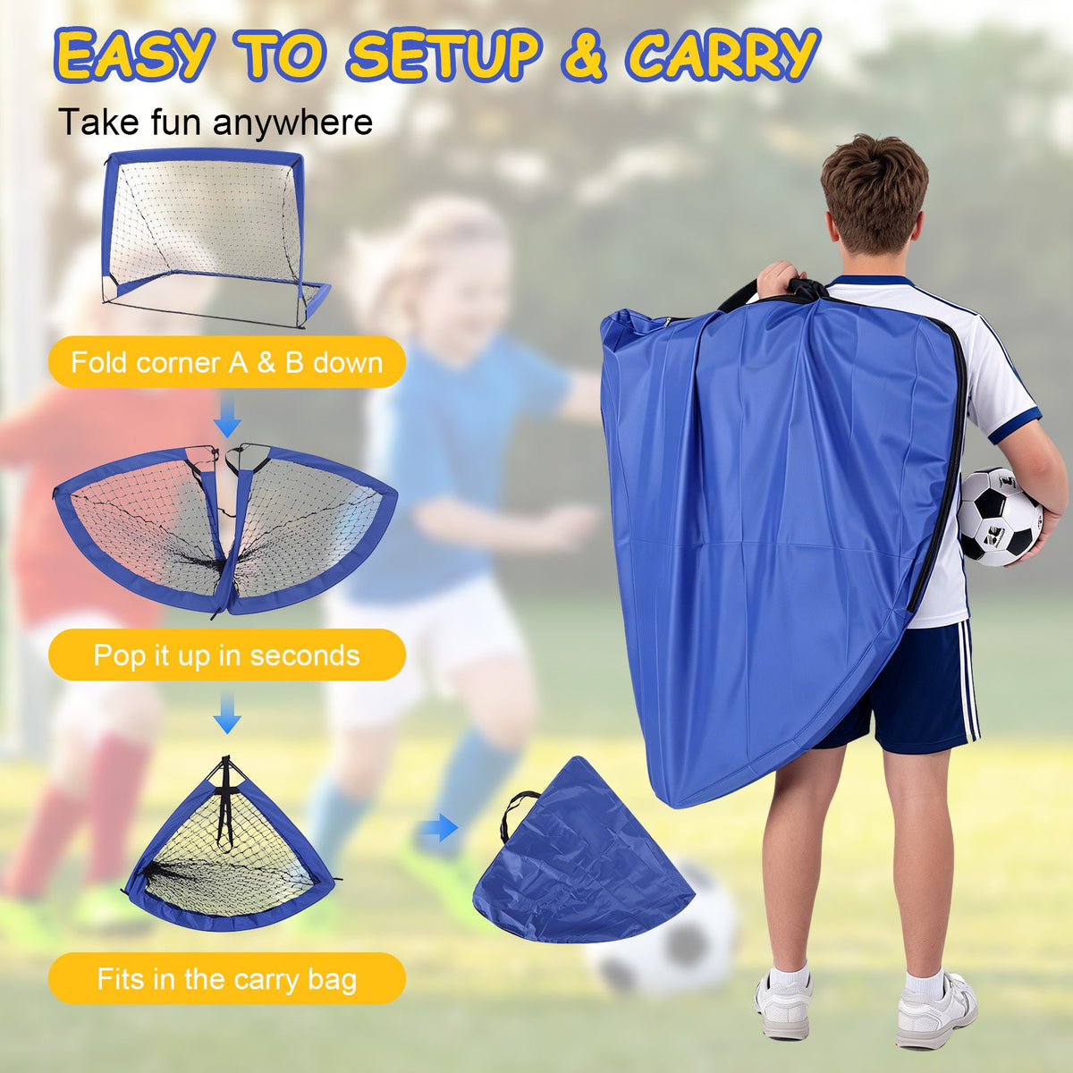 2 Pack 4'x3' Kids Soccer Goals: Portable Foldable Soccer Nets with Full Accessories, All-Weather Training Set for Backyard Outdoor Play, Blue