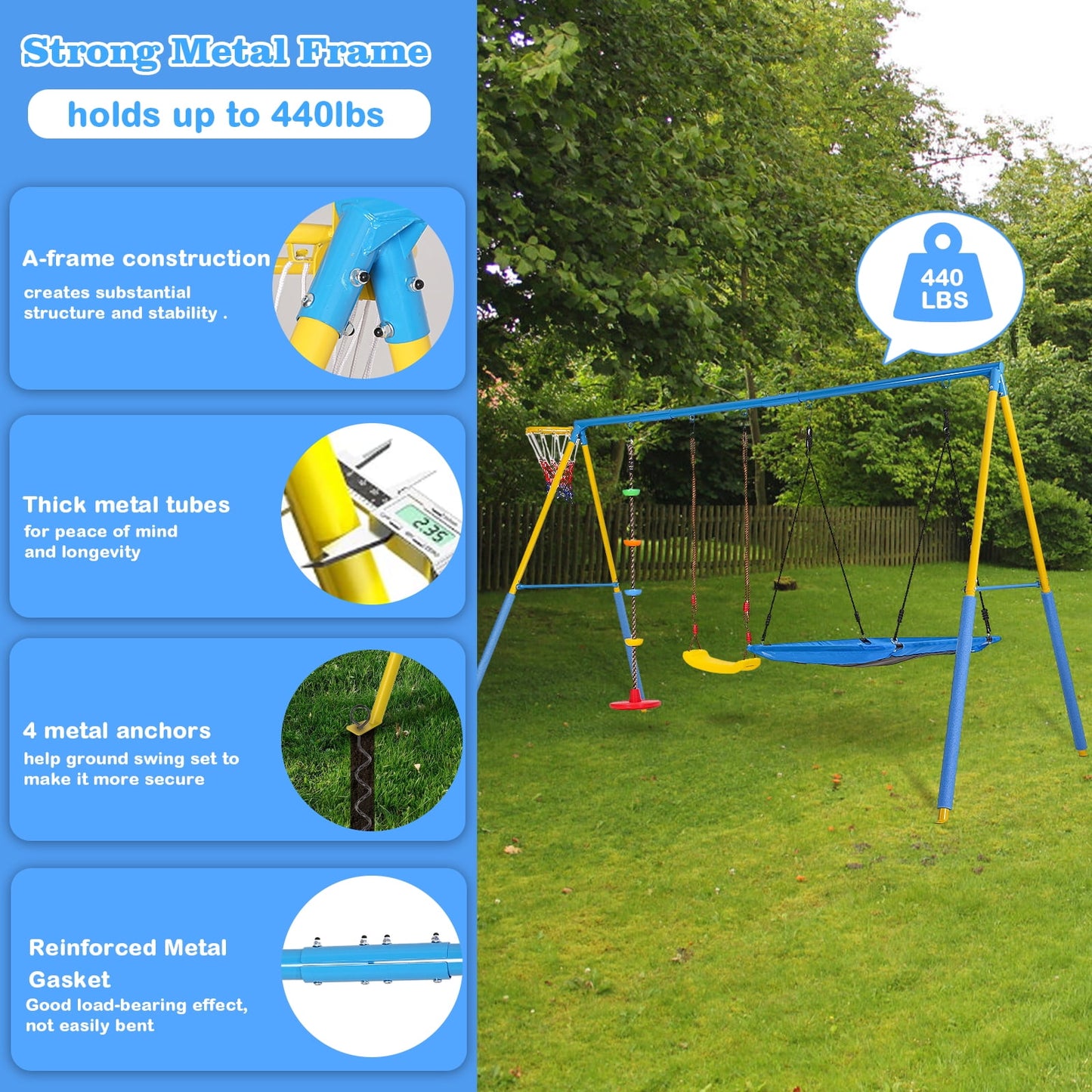 4 in 1 Swing Sets for Outside,kids Metal Swing Set with Saucer Swing,Climbing Rope,Basketball Hoop