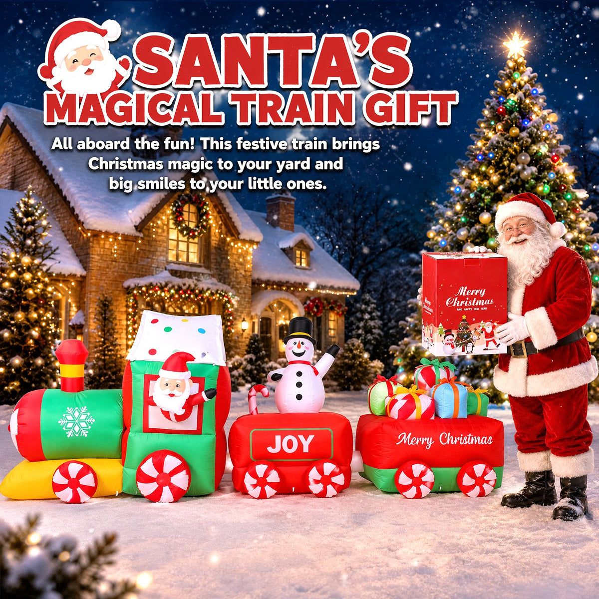 12 FT Christmas Inflatable Train with Santa,Snowman and Gift Outdoor Decoration, Christmas Blow Up Yard Decorations, Built-in LED Lights Inflatables Xmas Holiday Funny Decor for Indoor Lawn Garden