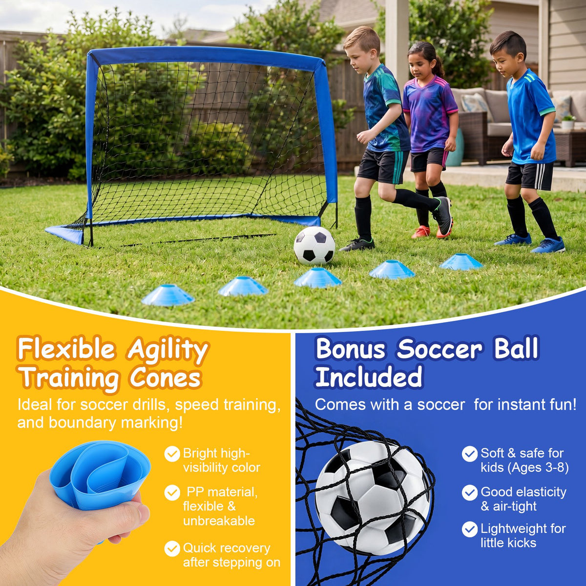 2 Pack 4'x3' Kids Soccer Goals: Portable Foldable Soccer Nets with Full Accessories, All-Weather Training Set for Backyard Outdoor Play, Blue
