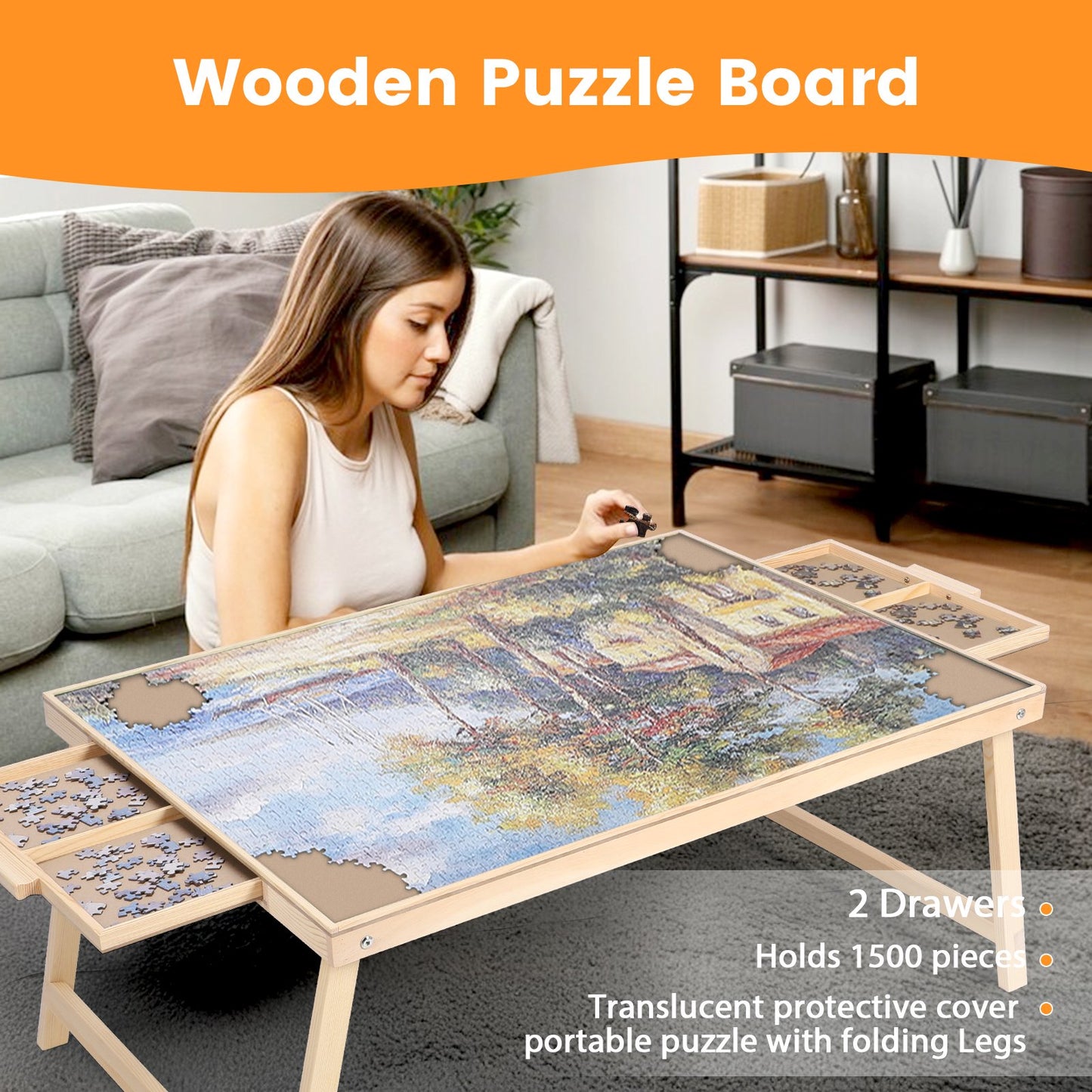 1500 Piece Puzzle Board With Folding Legs And 2 Sliding Drawers,34" X 26" Wooden Jigsaw Puzzle Table,Wood Puzzle Tray For Adults And Kids