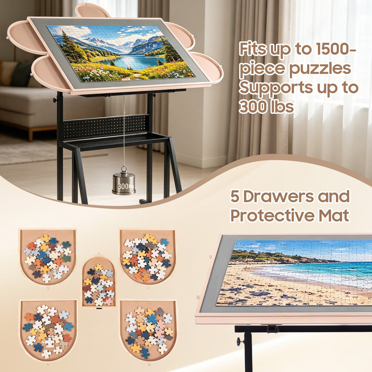 1500 Pieces Jigsaw Puzzle Table for Adults, 13-Tilting-Angle & Height Adjustable Table with Legs and Wheels, Metal Puzzle Table with 5 Drawers, Transparent Cover, Non-Slip Felt Surface