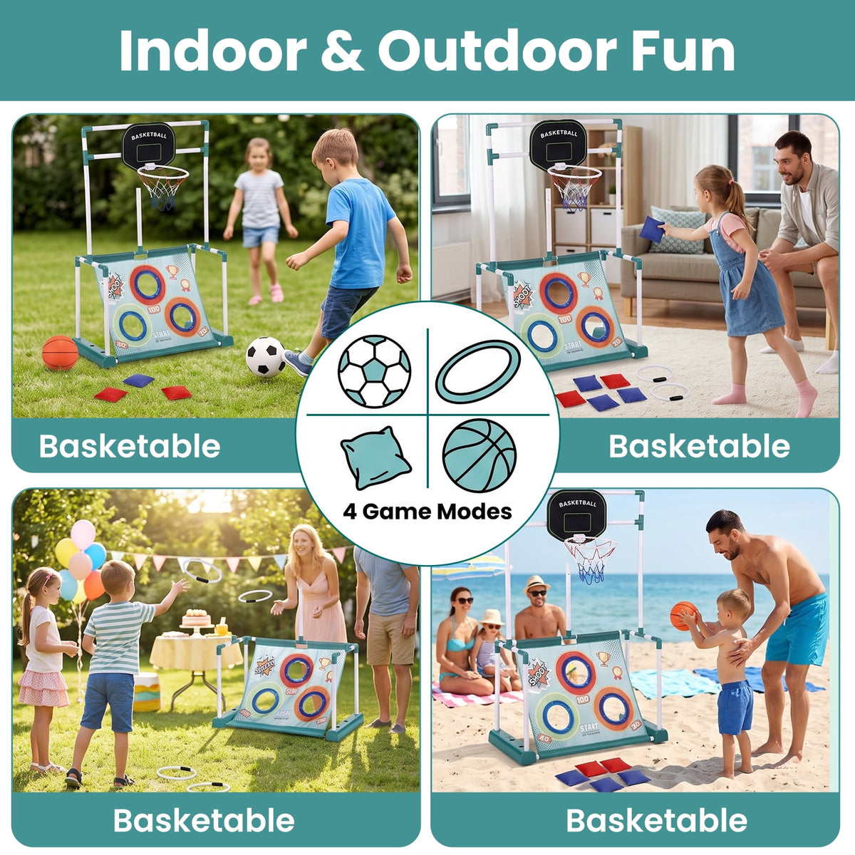 4-in-1 Kids Sports Game with Lights, Sandbag Toss Ring Throw Basketball Soccer Game, Gift for Indoor Outdoor Party