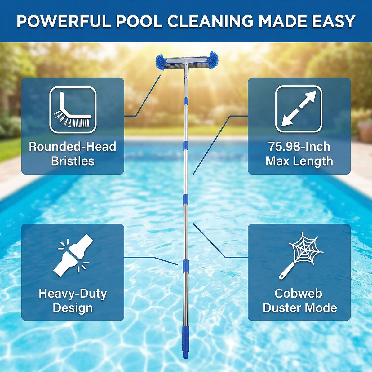 Pool Brush with Round Ends with EZ Clip for Cleaning Pool Walls, Steps, Inground/Above Ground Swimming Pool 6.3FT Pole 193CM
