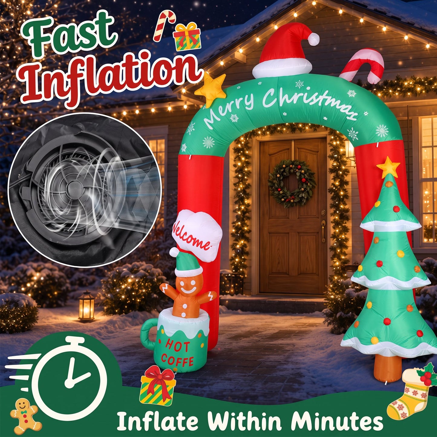9 FT Christmas Inflatables Archway, Santa Claus & Gingerbread Man Archway for Outdoor, Lawn, Garden, Yard, Party Holiday Decorations