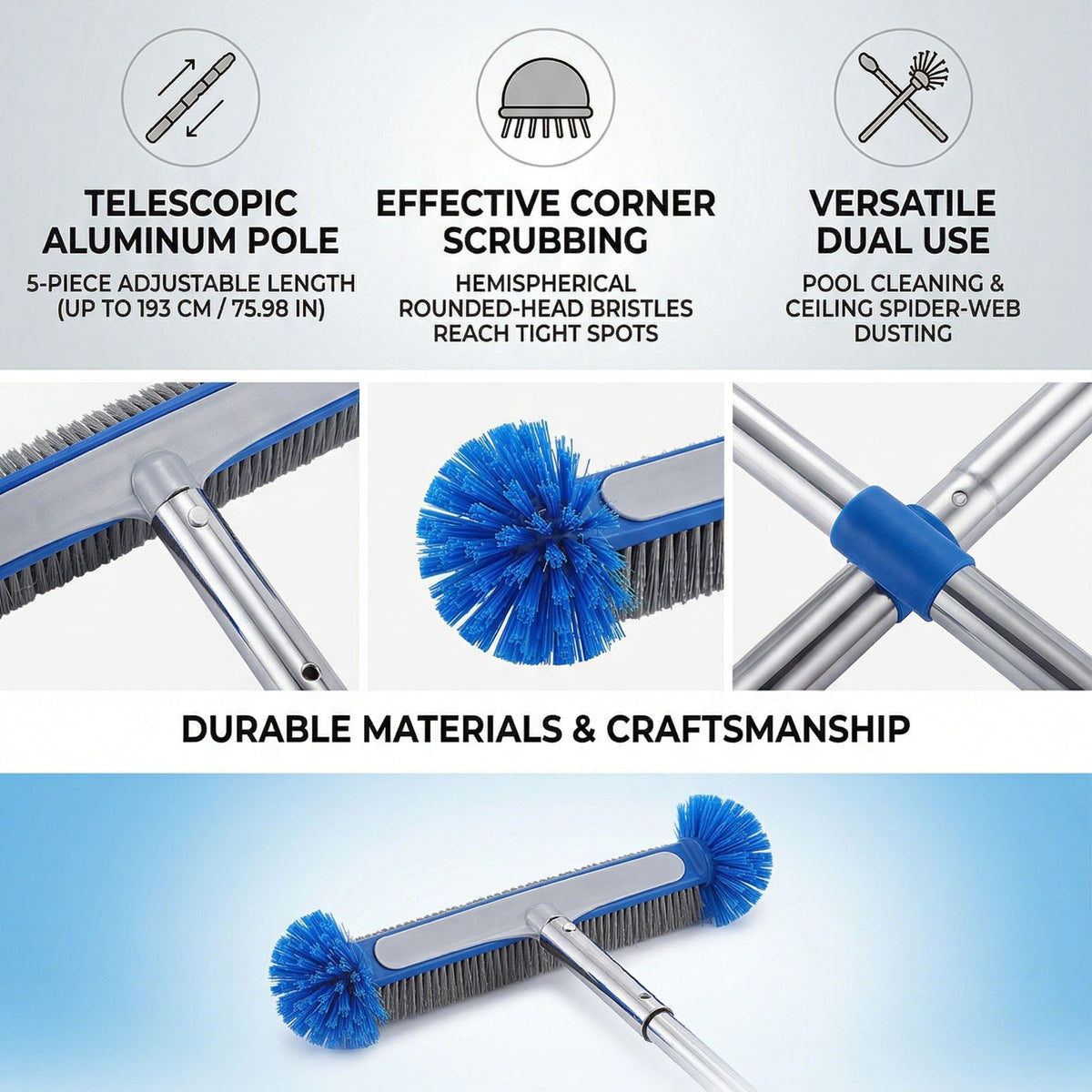 Pool Brush with Round Ends with EZ Clip for Cleaning Pool Walls, Steps, Inground/Above Ground Swimming Pool 6.3FT Pole 193CM