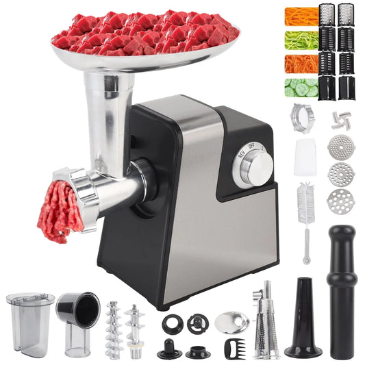 Heavy Duty 5 in 1 Electric Meat Grinder, 2800W Max, Sausage Stuffer, Juice Extractor, Kubbe Kit , 3 Stainless Steel Grinding Plates, 5 Pounds/Min