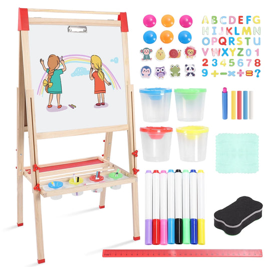 Wooden Art Easel for Student, Adjustable Height Drawing Easel with Double Sided Whiteboard Chalkboard, Foldable Dry Erase Board with Accessories, Perfect Painting Gifts for Boys & Girls